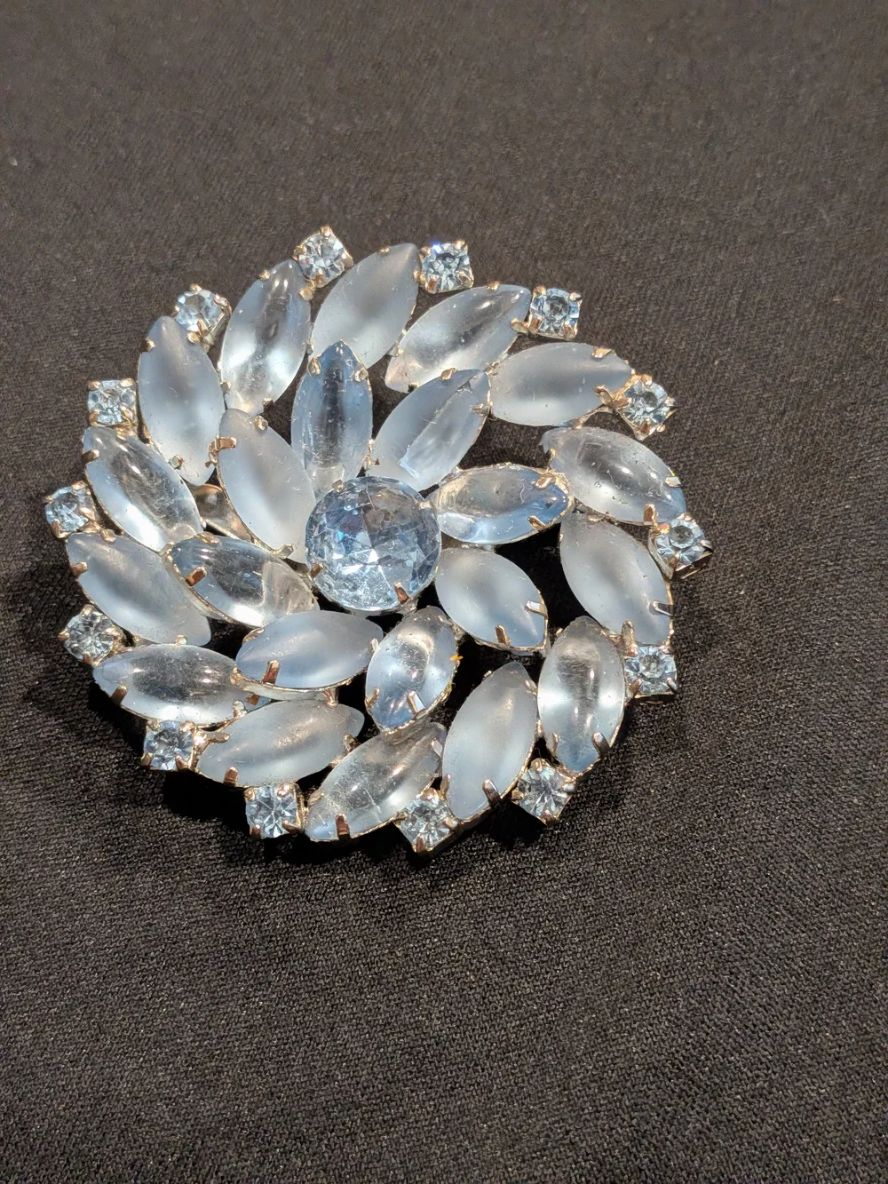 Vintage Juliana D&E Blue Milk Glass Rhinestone & Blue Crystal Floral Brooch